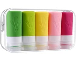 Set van 5 siliconen reisflessen, FDA-toegelaten 60 ml reisformaat, BPA-vrij, lekvrije, knijpbare siliconen slangen voor shampoo, spoeling, lotion, zeep met etiketten