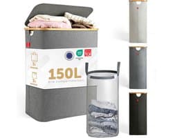 Blumtal Wasmand 150L - Wasmand met 3 uitneembare waszakkken - Wasmand met 3 vakken - Smalle wasmand - Flesverzamelaar - Wasmand met deksel - Grijs