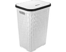 Hega Hogar Wasmand met deksel Rotan - wit - gevlochten kunststof - 60 liter - 34 x 43 x 62 cm