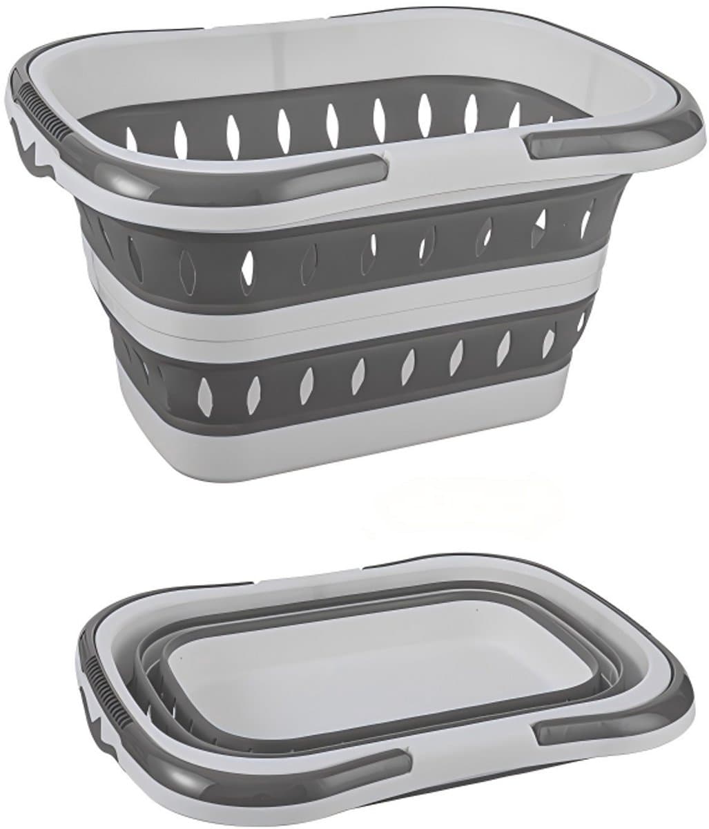 Opvouwbare plastic wasmand – Drievoudig opvouwbaar – Inklapbaar – Pop-up opbergmand – Met ventilatiegaten – Ruimtebesparend – Geschikt voor slaapkamer, woonkamer en algemeen gebruik – 28.3*20*15 cm – Grijs — afbeelding 1
