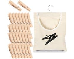 Katoenen Wasknijper Tas met Haakjes en 30 Houten Klemmen voor Thuis, Balkon en Reizen - 32 x 28 cm, Ideaal voor Organisatie en Opberging