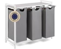 REN® Wasmand 3 Vakken - Wasmand - Wassorteerder - Wasmand Met Deksel - Grijs/Wit - 36cm x 86cm x 73cm