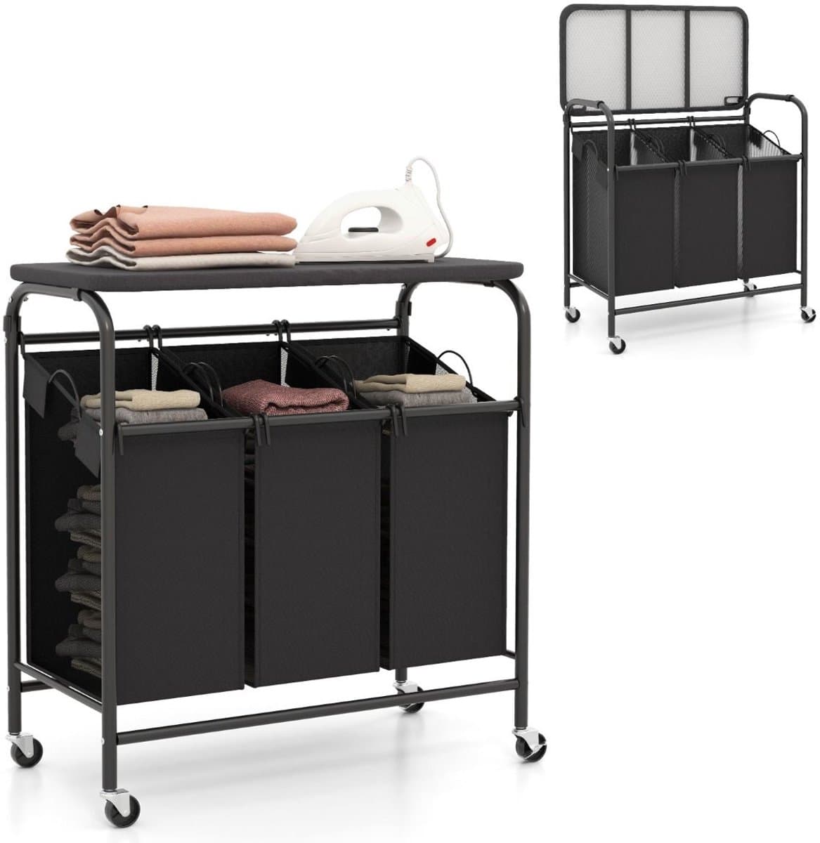 Wasmand Kast - Badkamerkast - Opbergmeubel - Wassorteerder - Kast met Wasmand - Zwart en Grijs — afbeelding 1