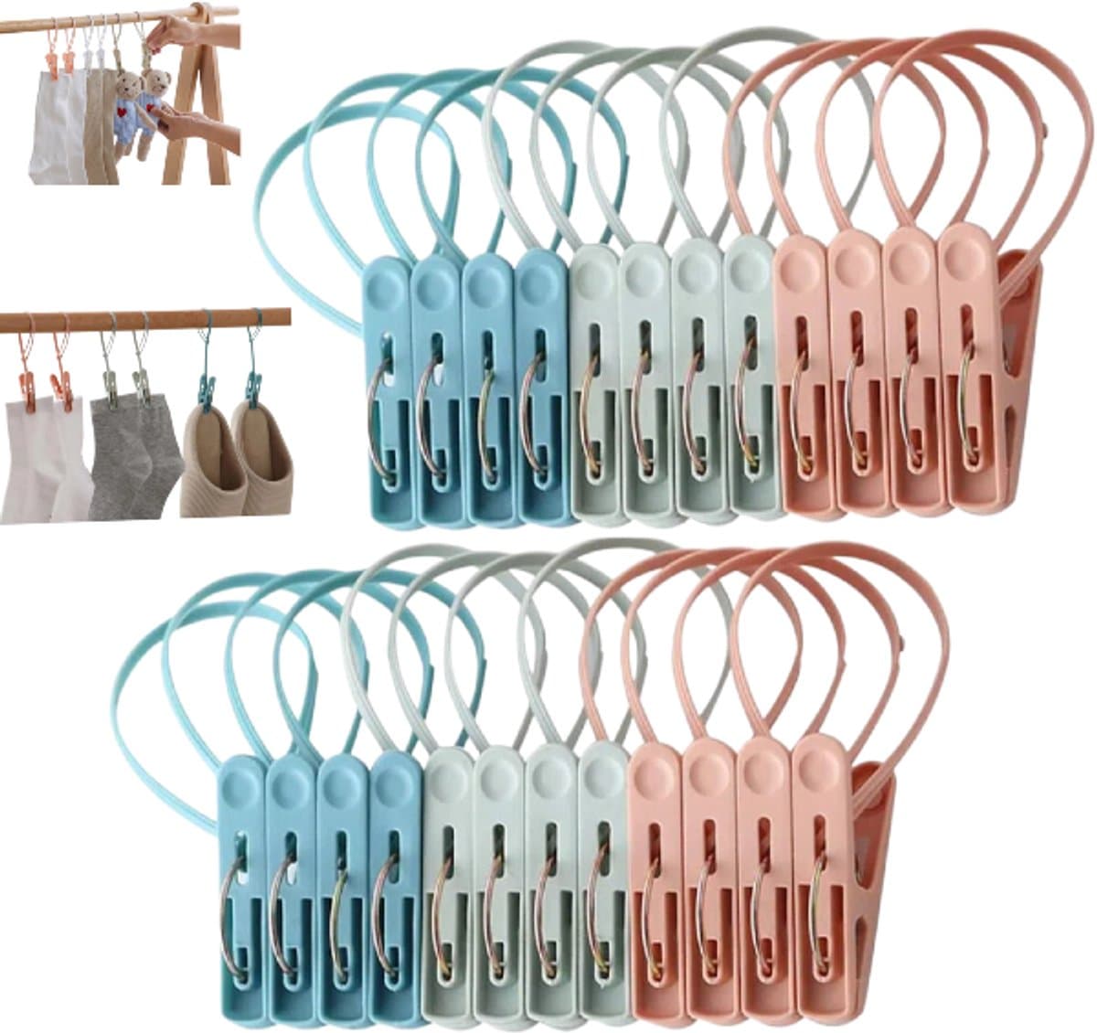 Verpakking van 24 stuks - Wasknijpers - Waslijnklemmen - Draagbare klemmen - Kleine huishoudklemmen - Blauw, groen, roze - 5.8*1.3 cm - Geschikt voor waslijnen en wasknijpers - Te gebruiken voor het drogen van kleding thuis en buitenshuis — afbeelding 1