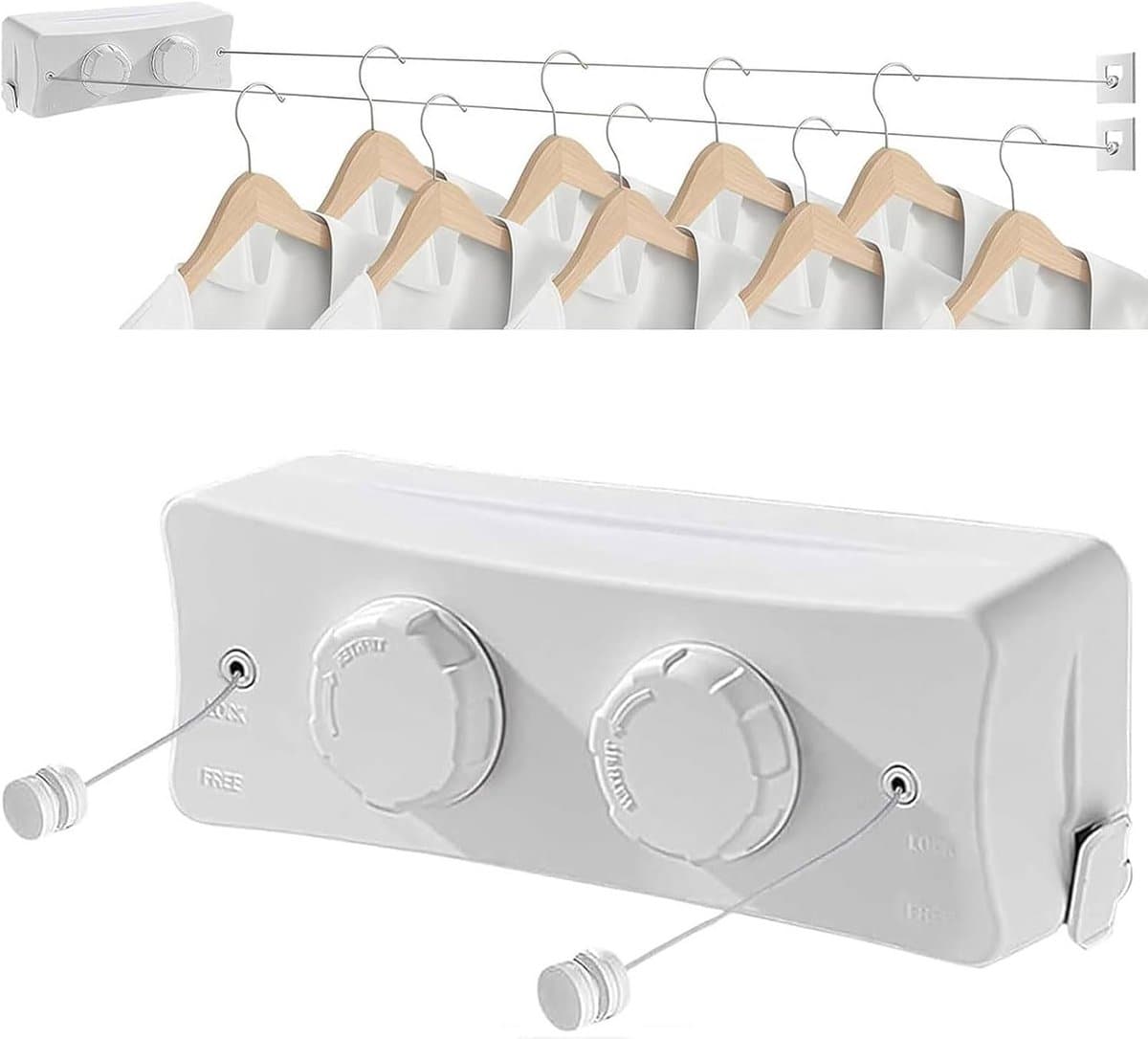 Uittrekbare Waslijn - Dubbele Lijn - Kleding Drogen - Roestvrij Staal - 2 x 51 m - Wit — afbeelding 1
