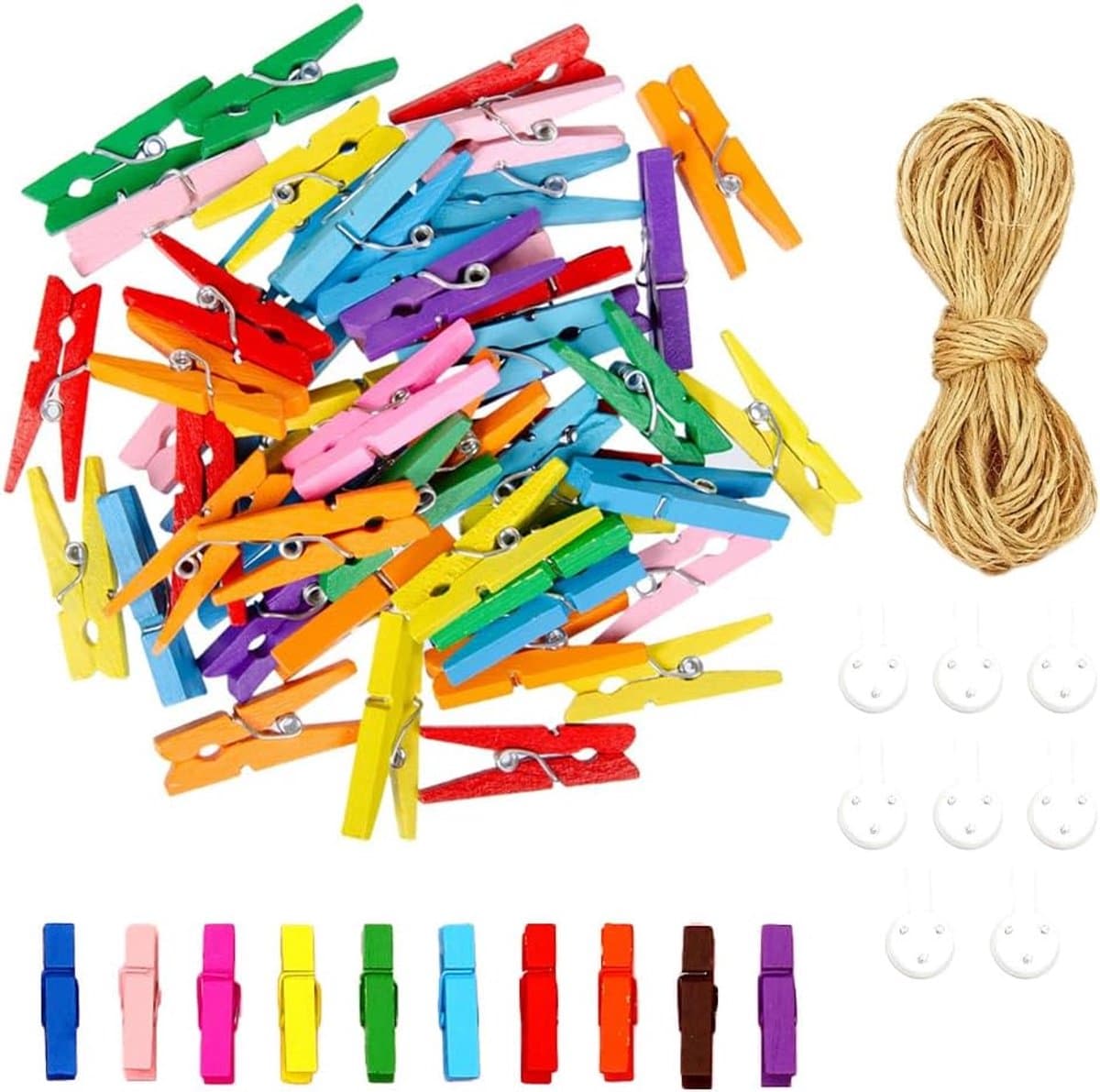 Houten Klemmen - Kleine Knijpers - Decoratie Ophangen - Milieuvriendelijk Materiaal - 50 Stuks - Kleurrijk — afbeelding 1