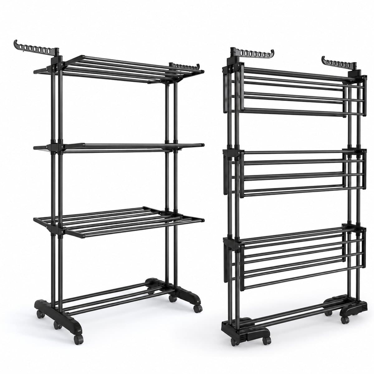 Adelair wasrek - Droogrek - Wasrek inklapbaar - Droogrek inklapbaar - 4 niveaus en laags - Met rollen - Zwart - 63,5x125,5x173 cm groot — afbeelding 1