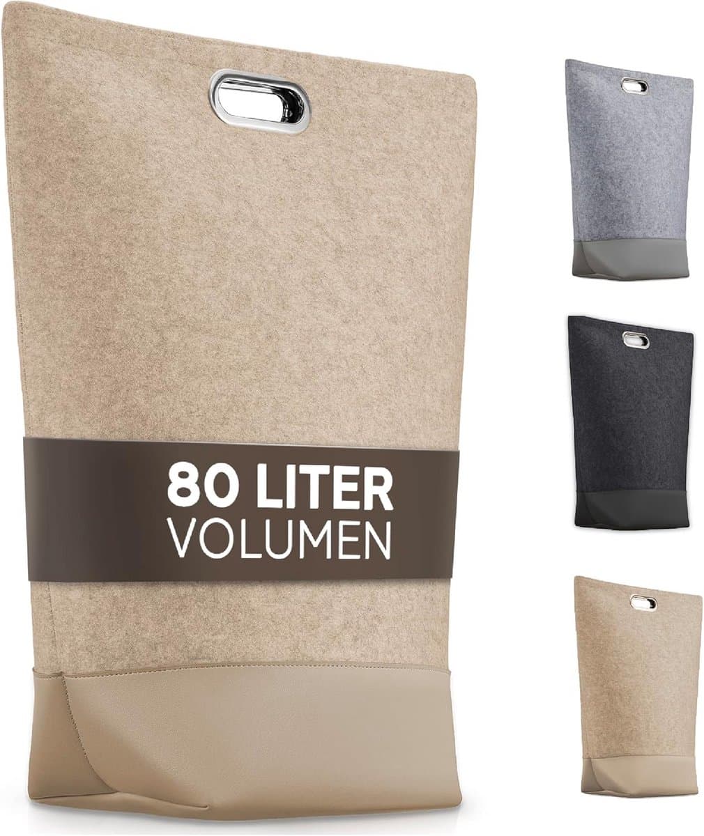 TULENO® XL wasverzamelaar van vilten stof, waszak met handgrepen afsluitbaar, grote wasmand, opvouwbaar, als waszak en verzamelaar voor vuile was, beige — afbeelding 1
