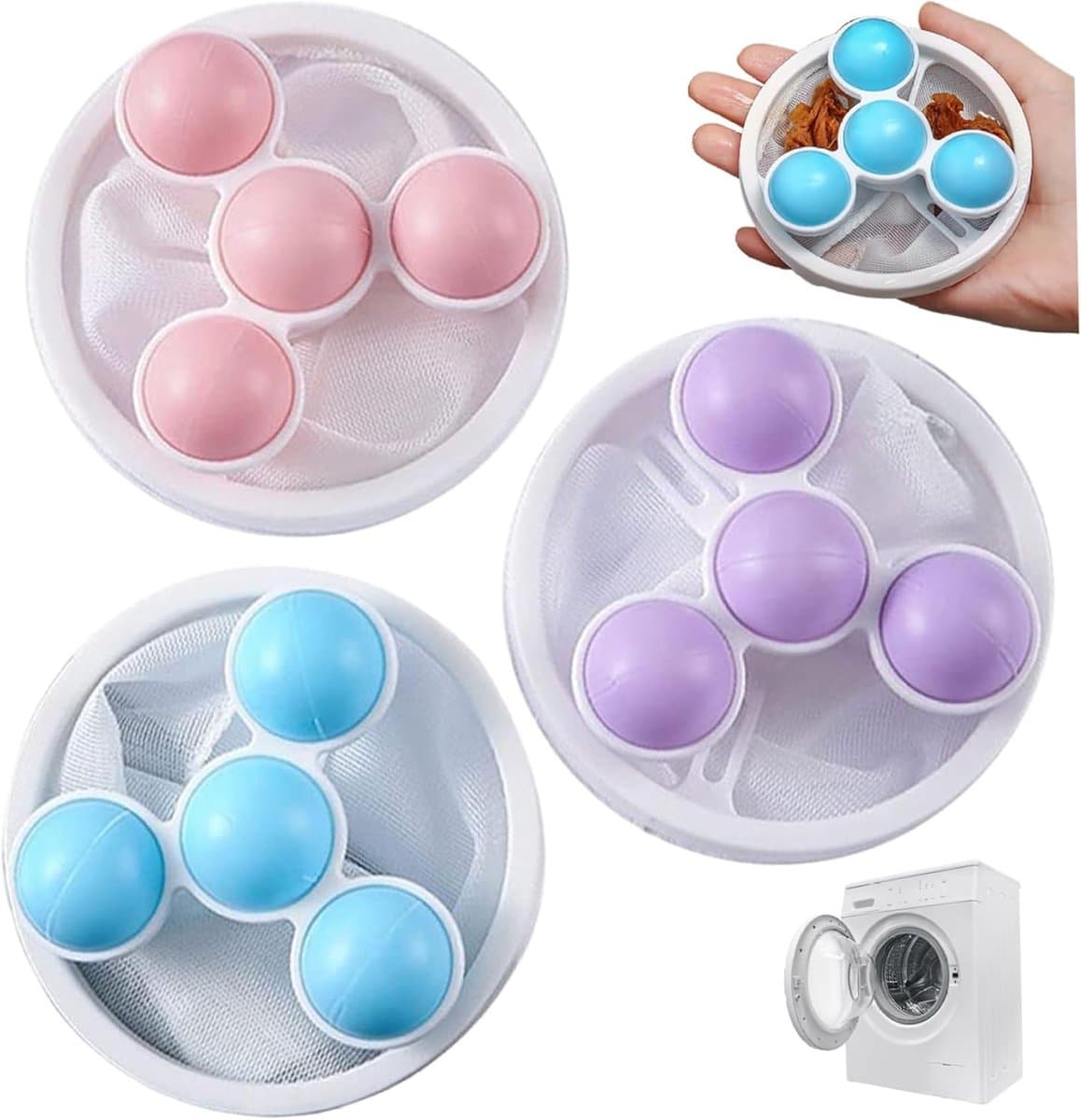 3 stuks - Filterzak - Huisdierhaarverwijderaar - Geschikt voor de wasmachine - 9,2 x 17,5 cm - Waszak voor pluizen - Herbruikbaar - Wasmachinefilter van gaas - Roze, blauw, paars — afbeelding 1