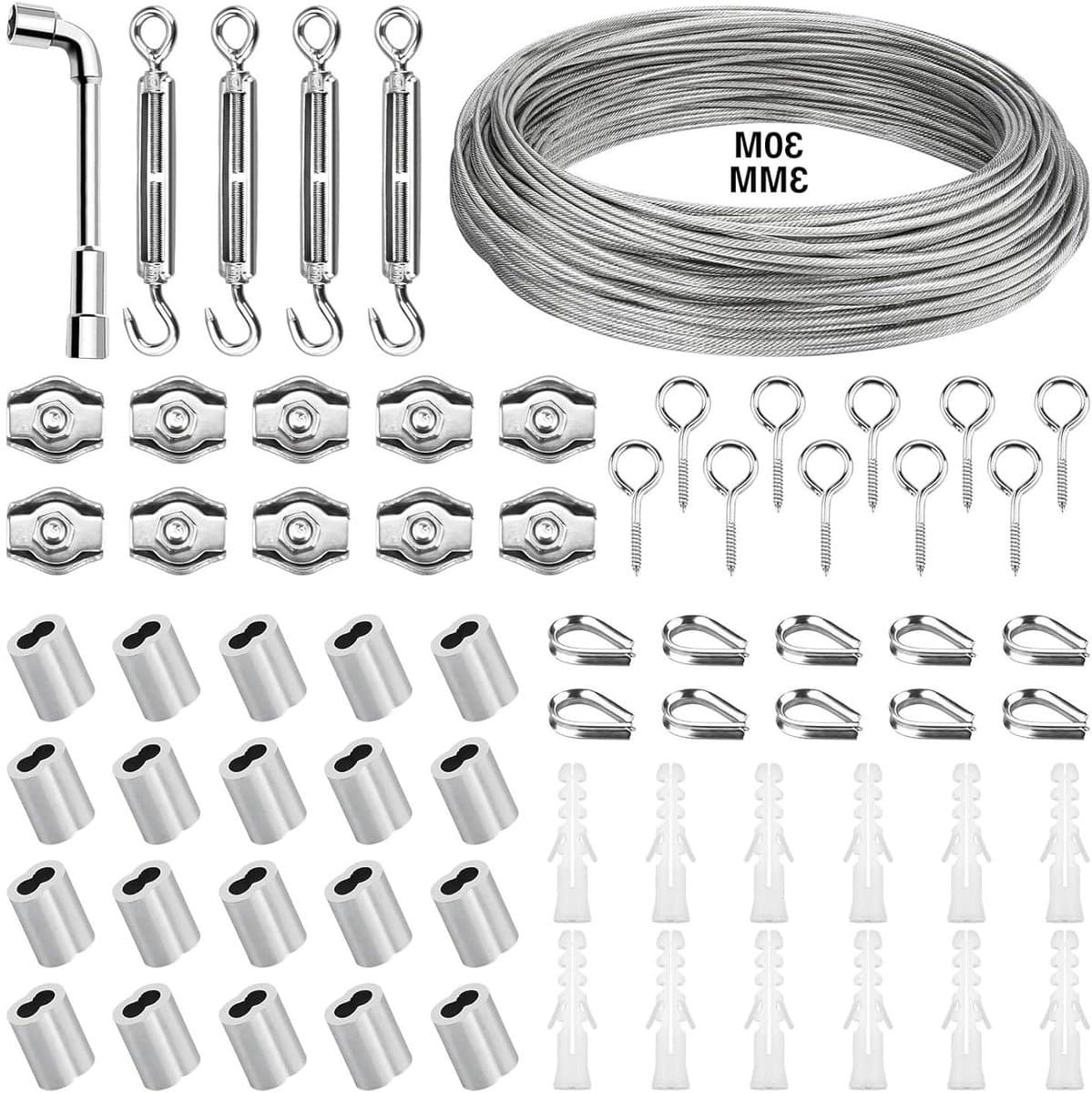 3mm Roestvrij Staal Draadseil 30m - PVC-Ommanteld met Ogen - Kabelspanner en Kabelklem - Voor Gordijnkoord, Waslijn en Tentkoord — afbeelding 1
