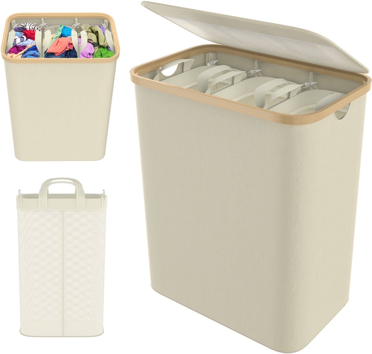 ACXIN Opvouwbare Wasmand met Deksel - 3 Vakken Wassorter - 140 Liter - Beige — afbeelding 1