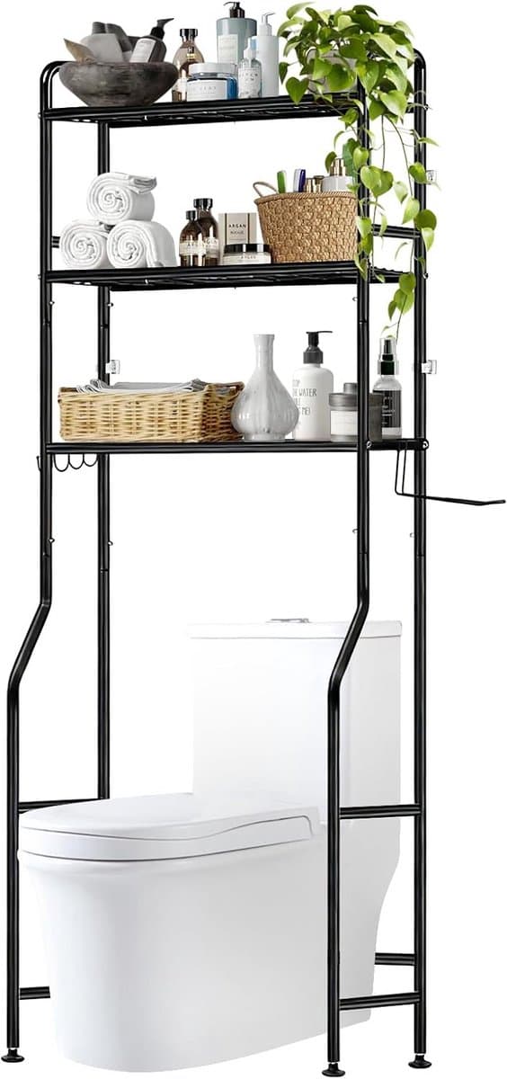 Invalideerbaar Wasmachine Rek Boven Wasmachine - Toiletkast met 3 Planken en Handdoekhouder - Zwart — afbeelding 1