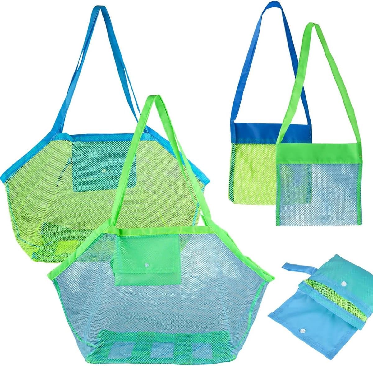 Allecto Plus - 4 Stuks Groot Opvouwbaar Herbruikbaar Strandspeelgoedtas | Zandspeelgoed Strandtas voor Strand Picknick Zwembad | Waszak Familievakantie - Duurzame Nettas met Handige Draagriem — afbeelding 1
