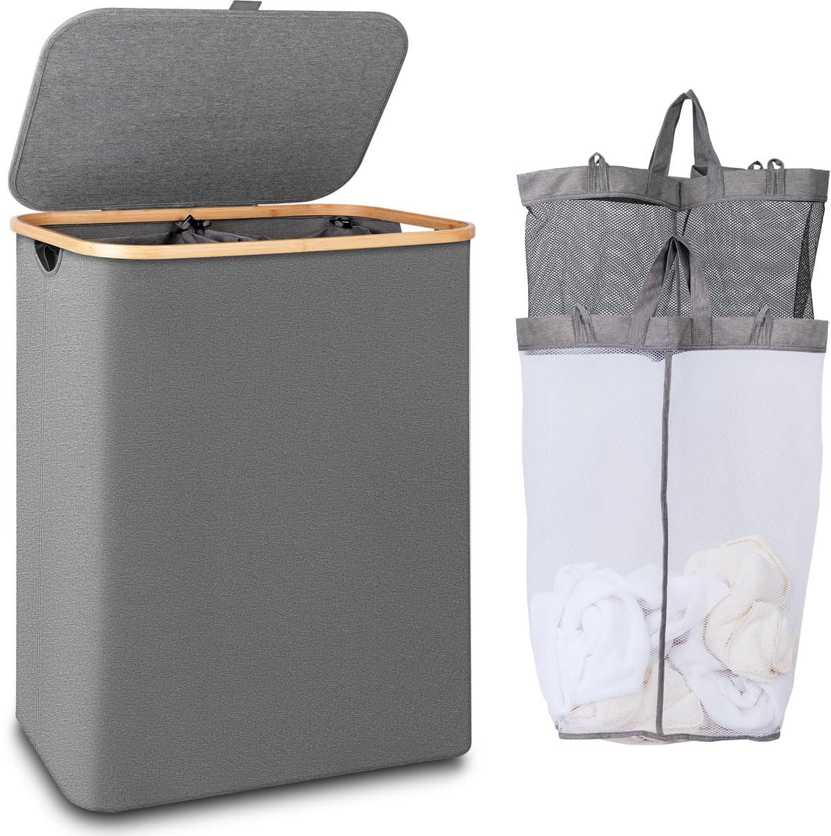 Wasmand - 150L Extra Groot met 2 Vakken, Bamboe Handvat en Deksel - Voor Wasruimte, Slaapkamer en Badkamer - Grijs — afbeelding 1