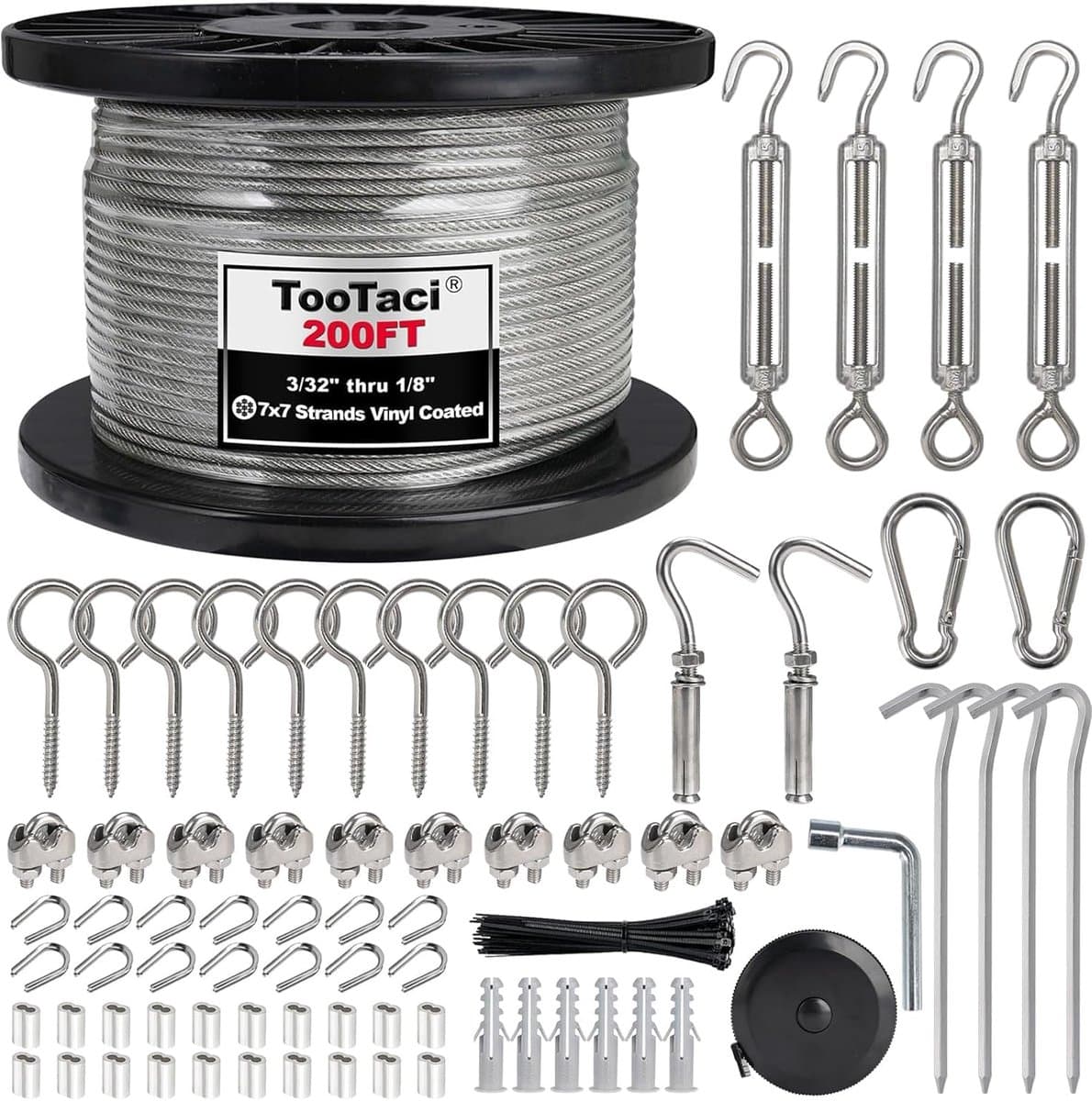 SnelShoppen - 60m 3mm Draad Kabel Kit, Vinyl Gecoate RVS Kabel, 7x7 Strengen, M5 Spankabels voor Hangende Lichten, Waslijn en Tuin Gordijn — afbeelding 1