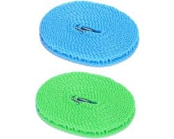Winddichte waslijn - 2 stuks - 500 cm - Draagbare waslijn - Antislip en winddichte waslijn - Kunststof waslijn - Gaasontwerp - Geschikt voor buitenactiviteiten - Geschikt voor het drogen van kleding, dekens, enz. - Blauw + Groen