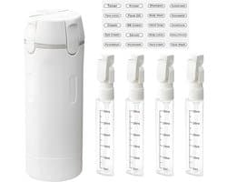 4-in-1 navulbare reisdispenserflessen, reisflessen om te vullen, reisdispenser met schaal en etiket, herbruikbare reisgadgets, dispenserflessen voor shampoo, lotion, douchegel, spoeling (wit)