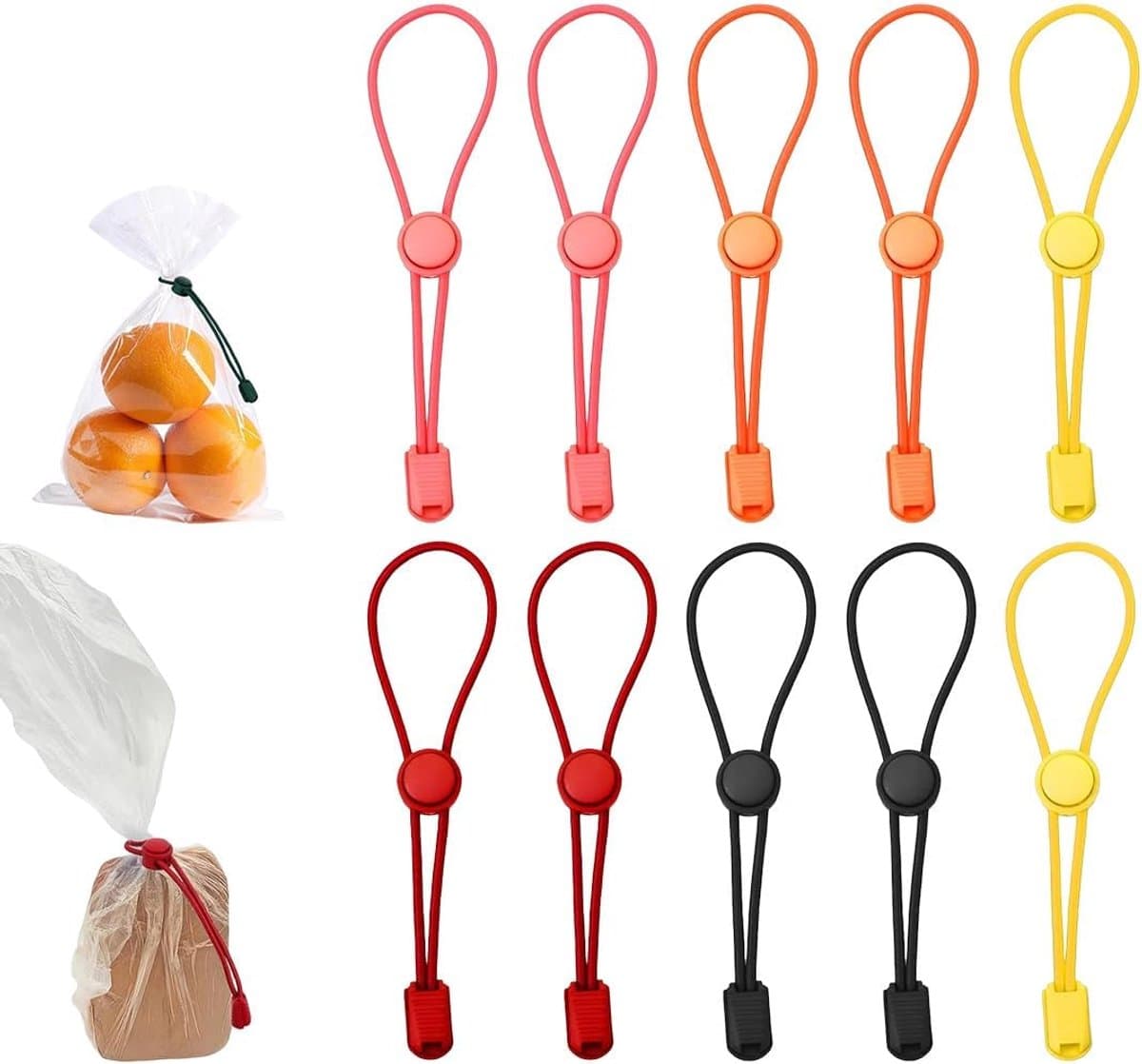 Set van 10 clips voor het sluiten van voedselzakken, elastische en verstelbare klemmen van rubber en kunststof, herbruikbaar, voor broodzakken, noedels en diepvrieszakken, 5 verschillende kleuren (13 — afbeelding 1