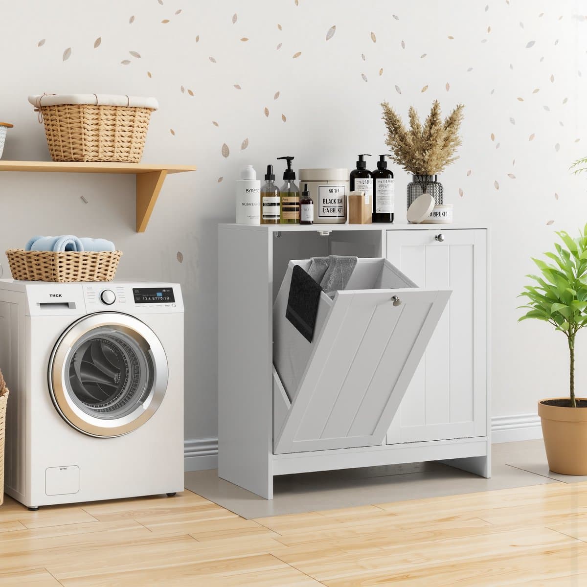 Waskast met uitneembare manden - Wit - 2 stoffen manden met dubbele handgrepen, kantelbaar ontwerp - MDF constructie met kantelbeveiliging - Vrijstaand, voor badkamer, wasruimte en hal — afbeelding 1