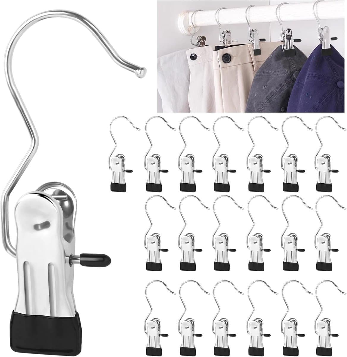 20 stuks klemhaken roestvrij staal, antislip washaken, laarsclips, 360° draaibare klemhaak, metalen wasknijpers voor handdoeken, broeken, schoenen — afbeelding 1