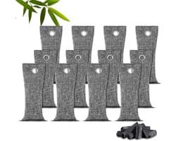 Bamboe Houtskool Zakjes, 12 Stuks, Vochtabsorberende en Geurabsorberende Zakjes voor Schoenen, Kasten, Auto's en Badkamers, 75g