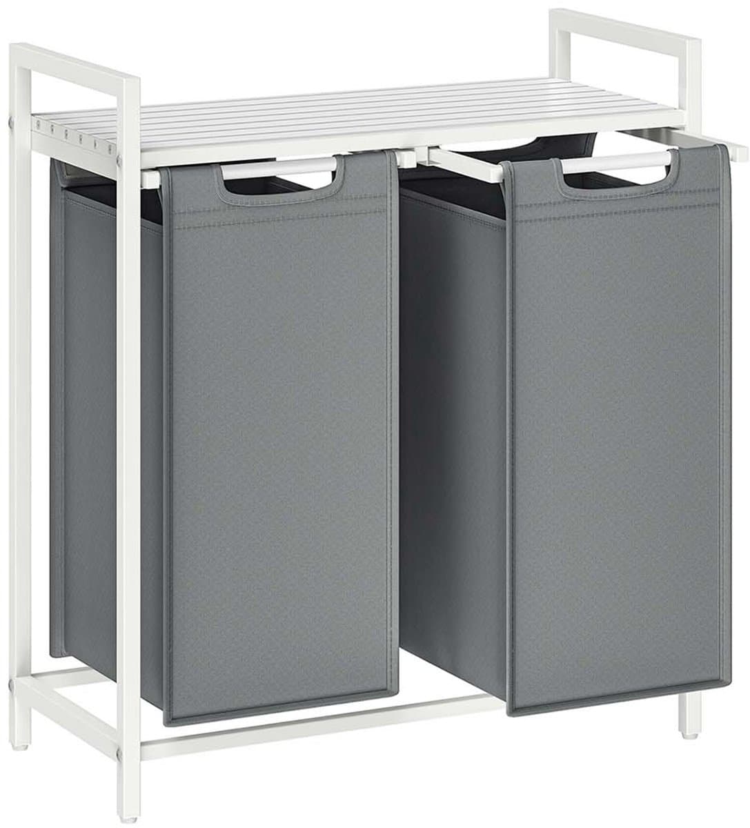 Wasmand met 2 vakken Wasgoed sorteerbak 73 x 33 x 72 cm Wit+grijs 2x46L grote capaciteit met verstelbare voetjes uittrekbare en afneembare waszakken en opbergrek Stevig metalen frame Geschikt voor wasruimte badkamer en slaapkamer — afbeelding 1