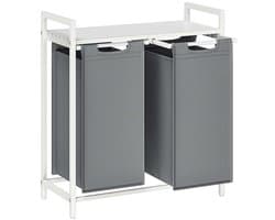 Wasmand met 2 vakken Wasgoed sorteerbak 73 x 33 x 72 cm Wit+grijs 2x46L grote capaciteit met verstelbare voetjes uittrekbare en afneembare waszakken en opbergrek Stevig metalen frame Geschikt voor wasruimte badkamer en slaapkamer