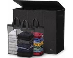 Soverdi - Drie Vakken Met Deksel - 3 in 1 Wasmand - Sorteer Wasmand - Opvouwbaar - Wassorteerder - Dichte Wasmand - Dubbele Wasmand - Laundry Basket - Wasbox - Organizer Kleding - Stof - Zwart - Zwarte - 180L — afbeelding 1