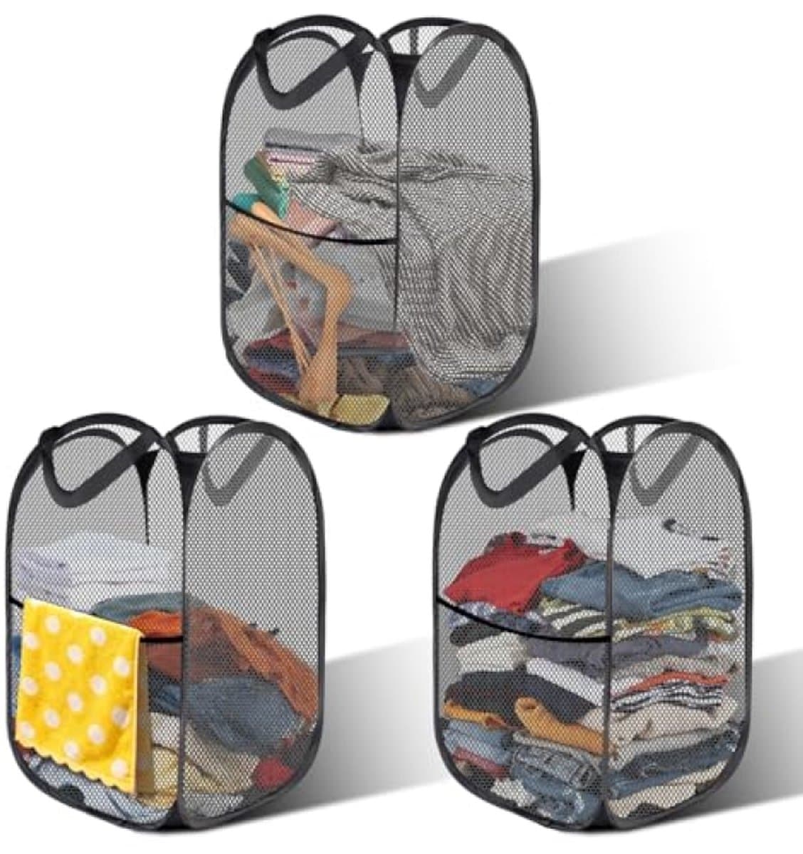 3 stuks pop-up wasmand, 75 l, opvouwbare wasmand van mesh, met handvat | Ademende wasmand, honingraatnet, geschikt voor badkamer, camping — afbeelding 1