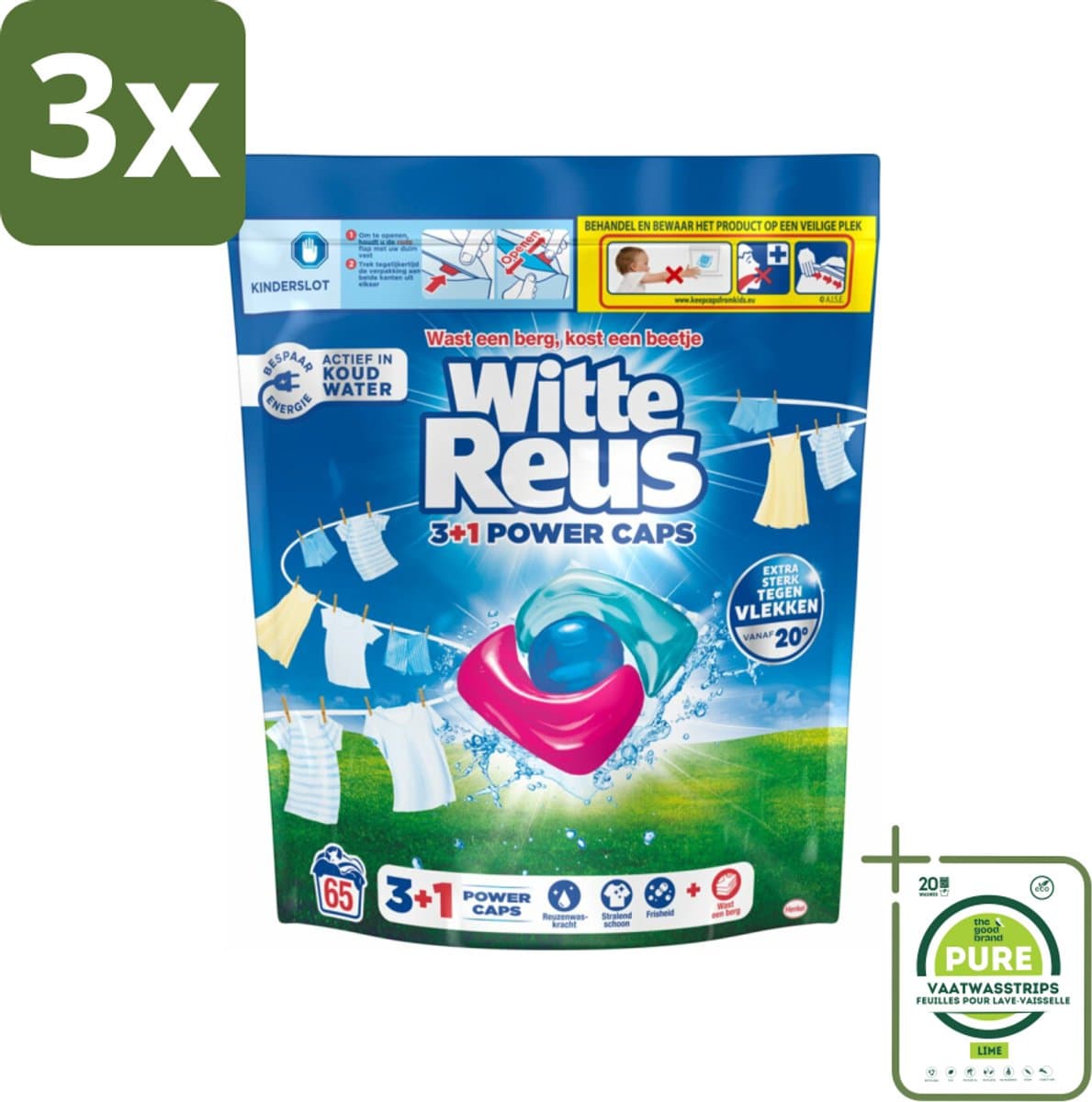 3 x Witte Reus - 3+1 Power Caps - Witte Was - 65 Wasbeurten - Grootverpakking - Wascapsules - Wit Wasgoed - Wasmiddel - Vlekkenverwijderaar - Energiezuinig Wassen — afbeelding 1