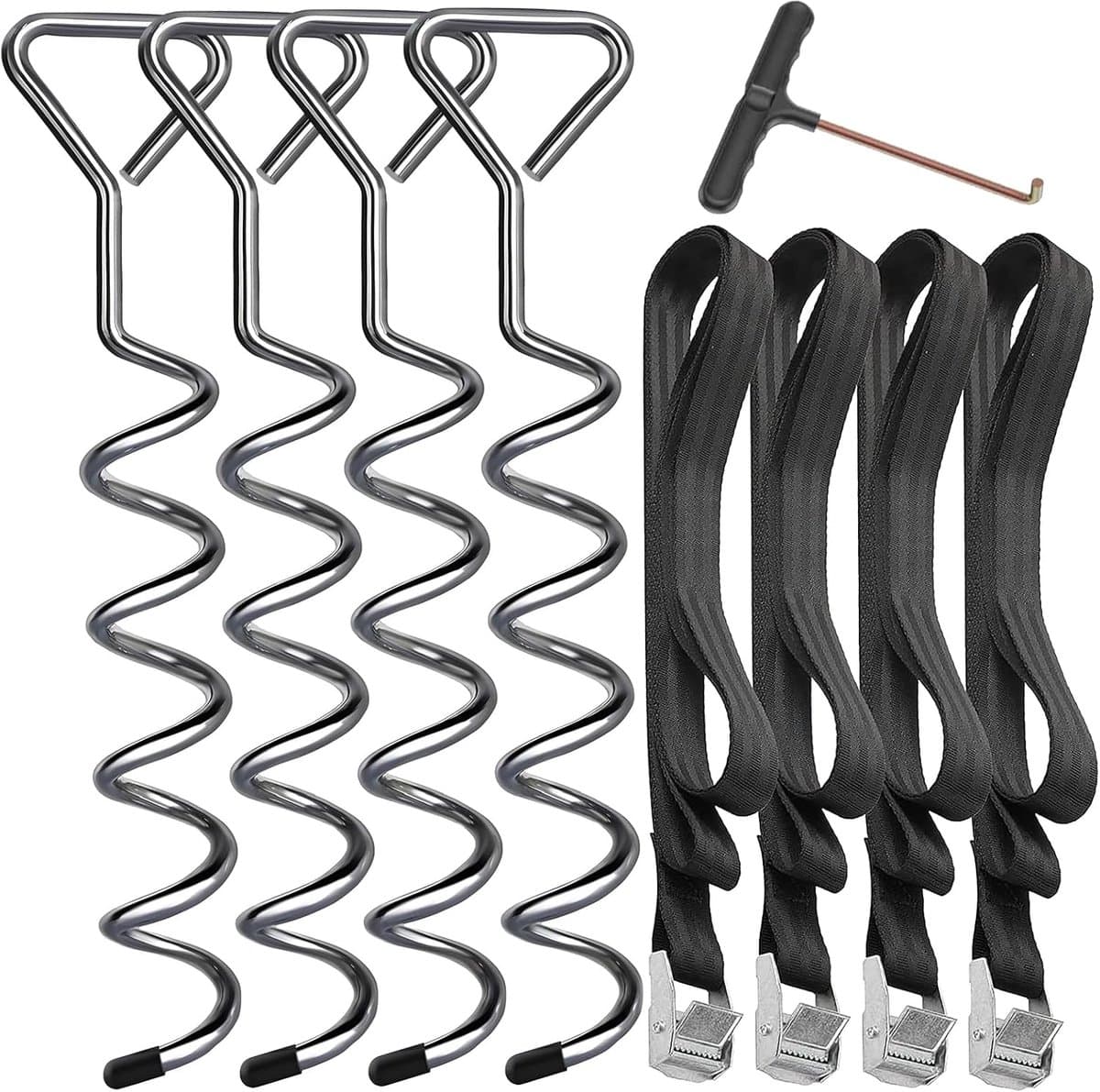 SnelShoppen - Set van 4 Grondankers voor Trampoline, Roestvrijstalen Grondankers voor Tuin, Camping, Schommels, 4 Sterke Bandjes, Diameter 8 mm, Lengt — afbeelding 1