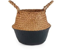 SnelShoppen - Geweven zeegras buikmand voor opslag, wasgoed, picknick, plantenpotafdekking, speelgoed en kruidenierswaren (zwart, klein)