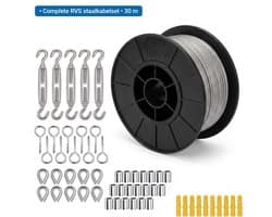Namajunas - 56 stuks staalkabelset - Buitenverlichting geleidedraad - 30M/100FT 304 roestvrijstalen draadkabel - Staalkabel met oogjeshaken - voor Buiten Tuin Keuken - M5 spanschroef staalkabel - Spandraad systeem Voor Klimplanten - Waslijn
