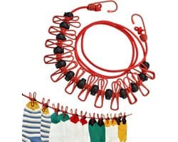 Waslijnen met Clips - Reiswaslijn Drooglijn - Kleding Drogen - Winddicht Anti-slip - 1.7 meter - Rood