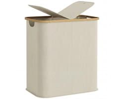 Emvae Wasmand - met Deksel - Dubbele Wasmand - 80 L - 2 Vakken - Opvouwbaar - Bamboe - Stof - Beige