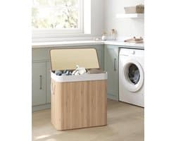 Bamboe Wasbox 150 L - Opvouwbaar met Deksel en Handvaten - Was Sorteermachine met 3 Compartimenten - Machine Wasbare Katoenen Waszak - Natuurlijke Kleur - Geschikt voor de Wasruimte (LCB091N01)