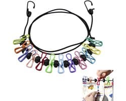Elastische waslijn, draagbare regenboog waslijn met 12 clips voor reizen, vakantie, buiten, kamperen, slaapzaal (zwart) 1,8 m