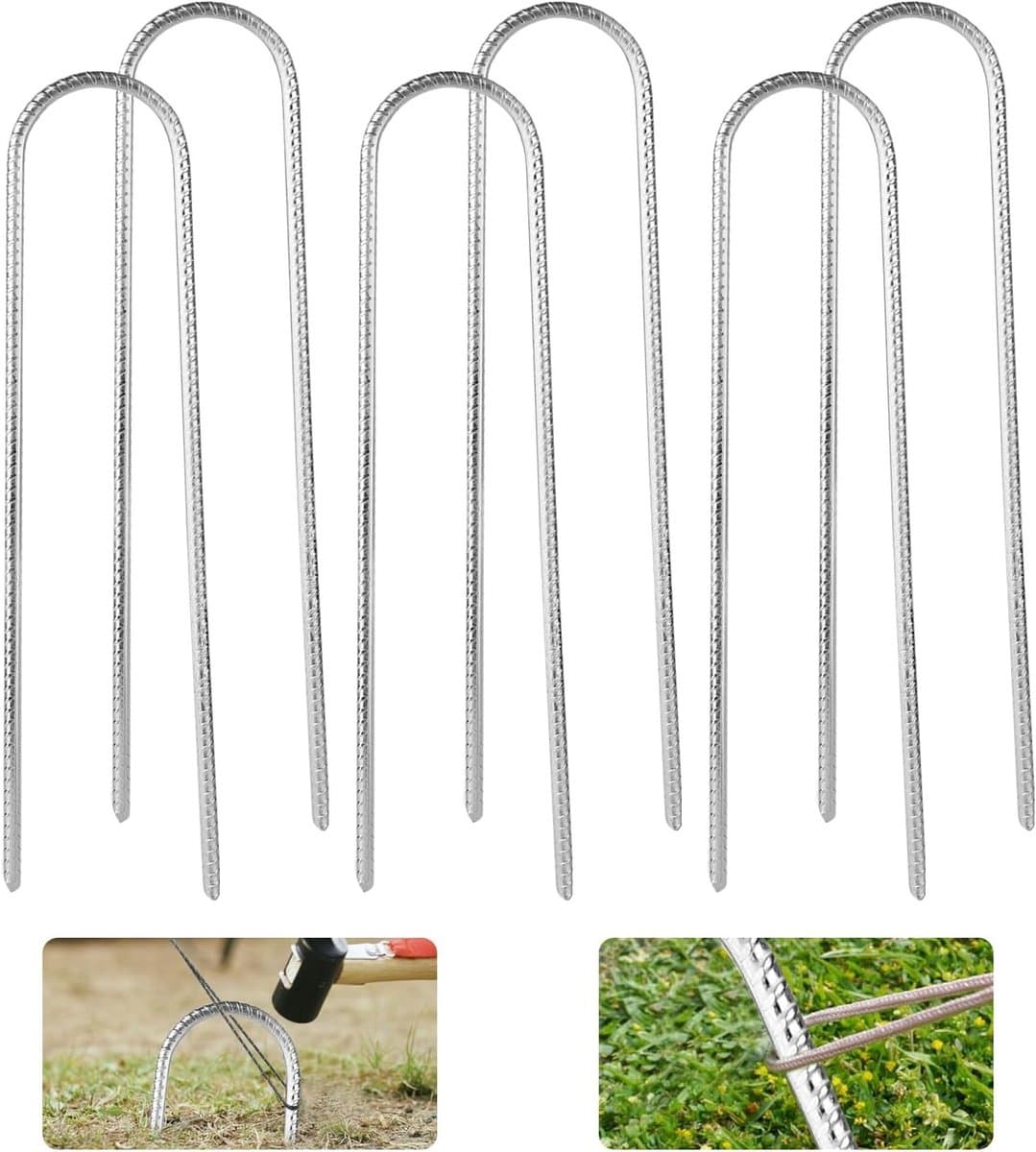 Set van 6 Grondankers van 30 cm, Gegalvaniseerd Staal, Sterke U-Vormige Grondankers voor Beveiliging van Tenten, Schuttingen en Campinguitrusting — afbeelding 1