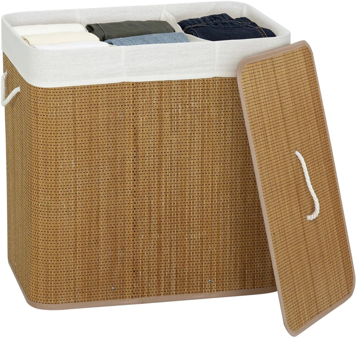 Scaleunion Luxe Bamboe Wasmand - met 3 vakken – wassorteerder met deksel - 144L met Deksel : Bruin — afbeelding 1