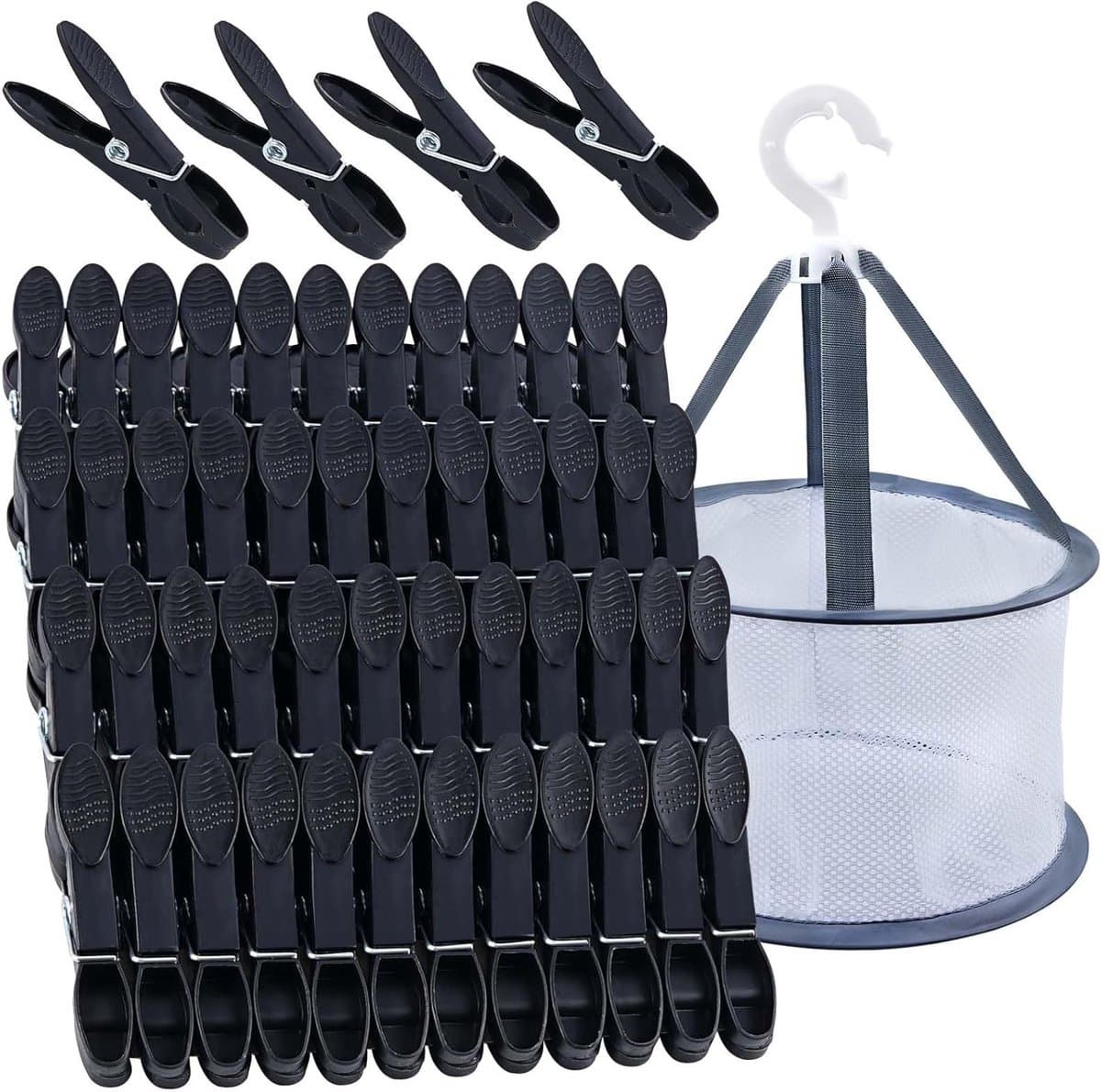 48 Stuks Zwarte Wasknijpers met Mand, Winddichte Kleurrijke Wasknijpers, Plastic Wasknijpers voor Kleding en Sokken — afbeelding 1