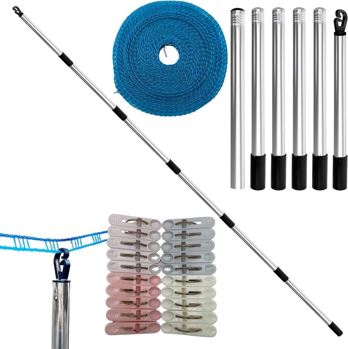 Waslijn Paal - Waslijnsteun Kledingstok - Kleding Drogen - Roestvrij Staal - 220 cm - Enkele Attribuut — afbeelding 1