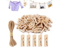 Houten Wasknijpers 150 Stuks van 3.5 cm met 10m Jute Touw voor Kleding, Foto's en Handwerk
