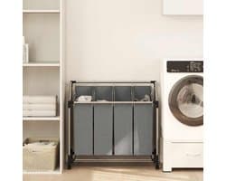 Wasmand met wieltjes, 4 vakken, grijs, afneembare waszakken, stalen frame met kunststof coating, zwenkwielen met remmen, verhoogd ontwerp voor luchtcirculatie,