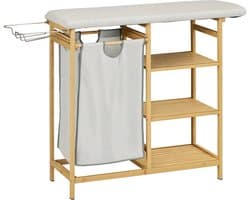 Wasmand, bamboe, wasmand voor vuile was, opbergrek en badkamerrek, met strijkplank, eenvoudig ontwerp, eenvoudig te reinigen, praktisch en decoratief, geschikt voor badkamer, balkon en wasruimte, 113×34×82 cm, houtkleur en grijs