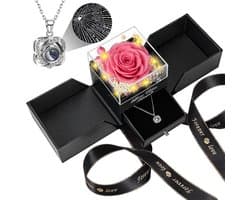 Echte Rose Verjaardag Geschenken voor Vrouwen Vrouw Haar Moeder Vriendin Meisjes Oma met Ik hou van je Hart Ketting Eeuwige Rose Bloemen op Valentijnsdag Moedersdag Kerstmis Verjaardag-Roze