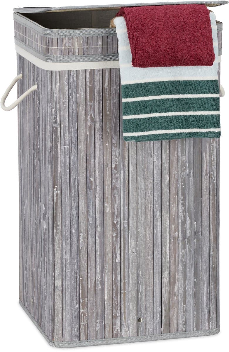 3x wasmand bamboe - wasbox opvouwbaar - 70L - vierkant - 63x36x36 cm - grijs — afbeelding 1