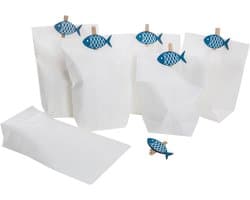 Set van 6 Witte Papieren Zakken met 6 Houten Vissen Decoratieve Klemmen