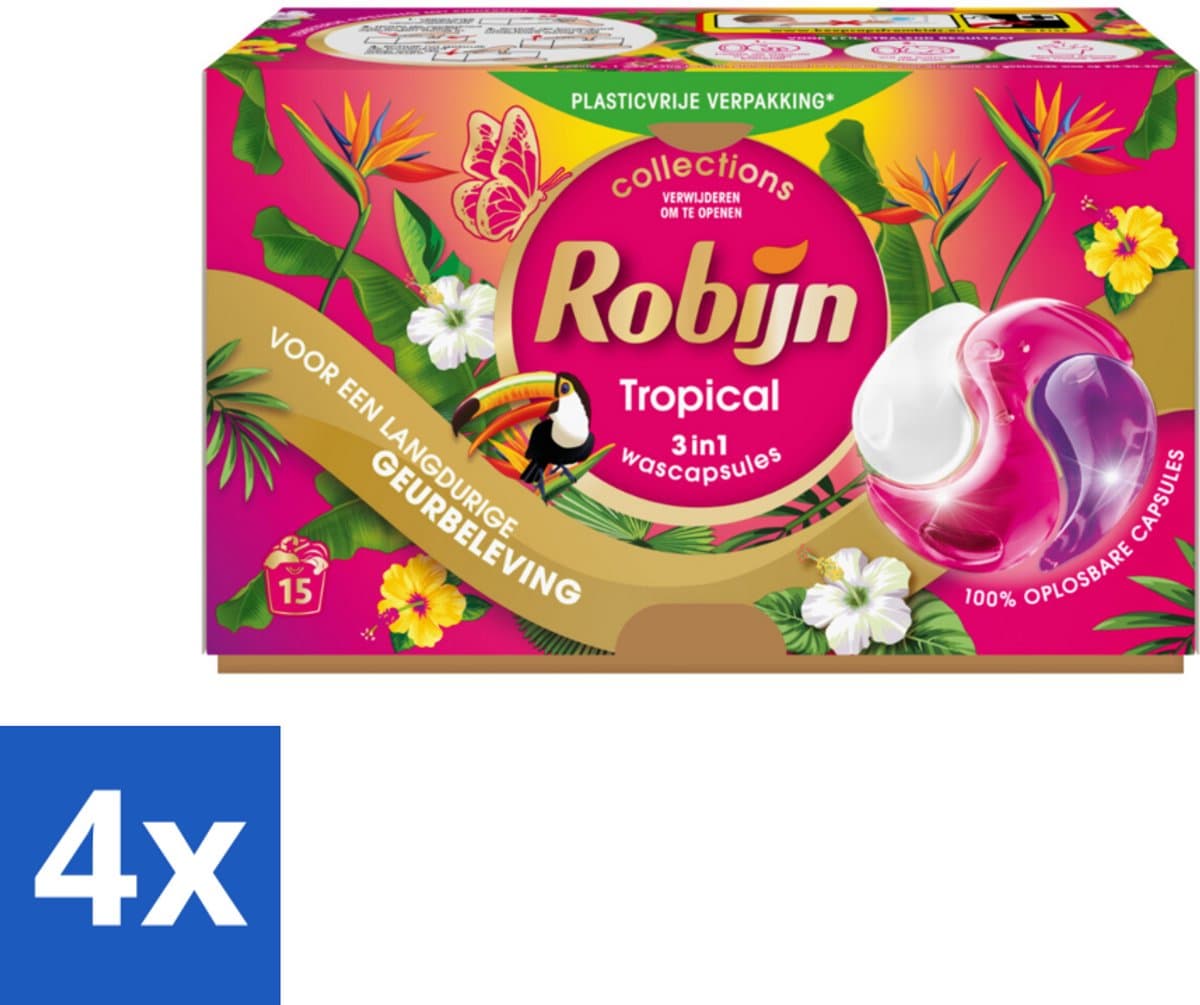 4 x Robijn - 3-in-1 Tropical - Wascapsules - 15 Wasbeurten - Wascapsules - Tropische Geur - Kleurbehoud - Biologisch Afbreekbaar - Wasmiddel — afbeelding 1