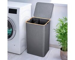 Wasmand met Deksel en 2 Vakken - 100L Grijs - Smal & Hoog - Wasverzamelaar met Bamboeframe