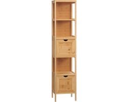 Kleankin badkamerkast hoge kast van bamboe met 3 planken en 2 lades - anti-kantelvoorziening - multifunctionele zijkast voor de badkamer